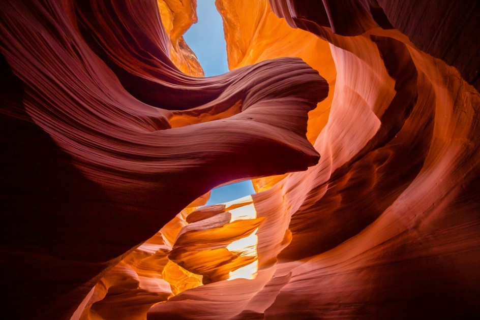 famous Antelope Canyon on a sunny day with blue sky