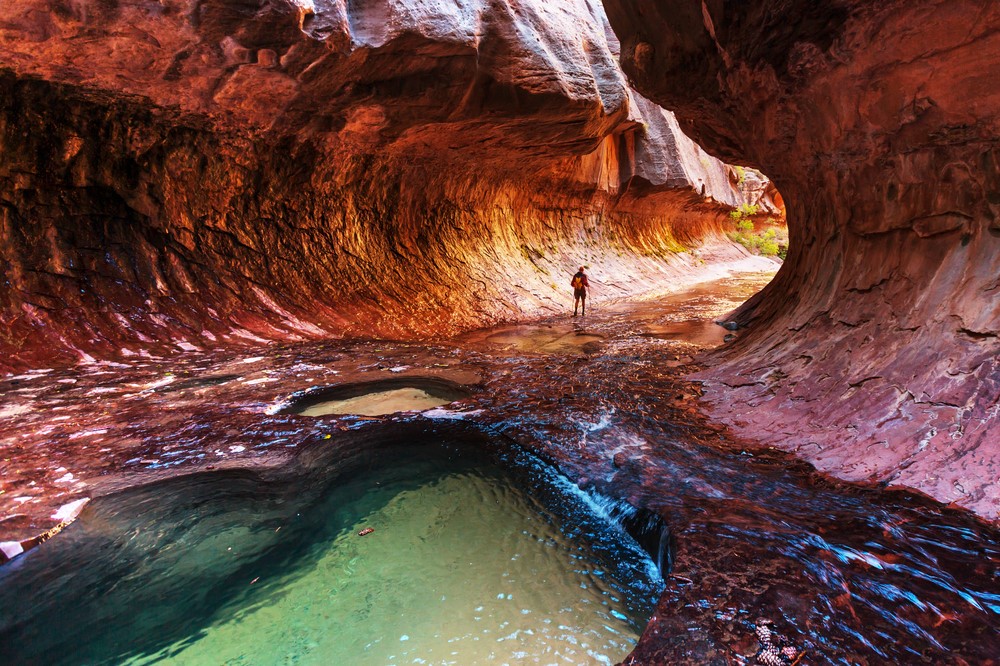 An adventurer explores the Zion National Park in Utah