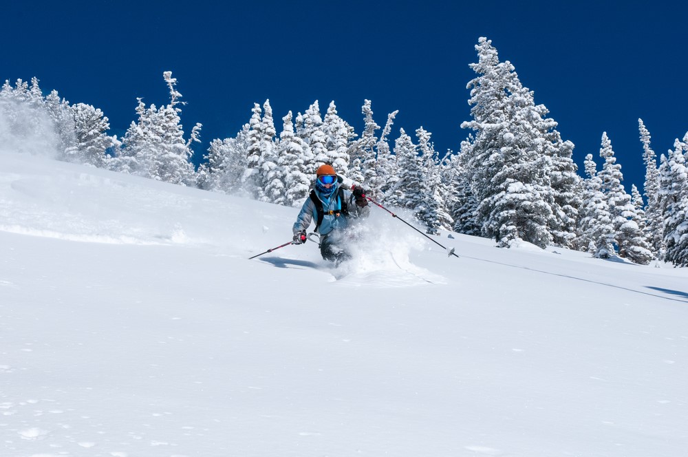 Woman skiing in deep powder near Wasatch mountain, Utah