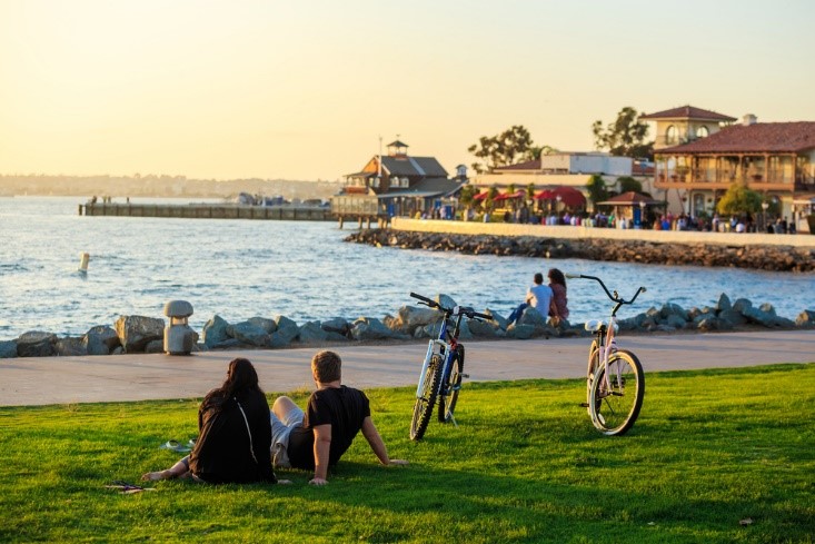 People enjoying the view at the Waterfront public park in San Diego