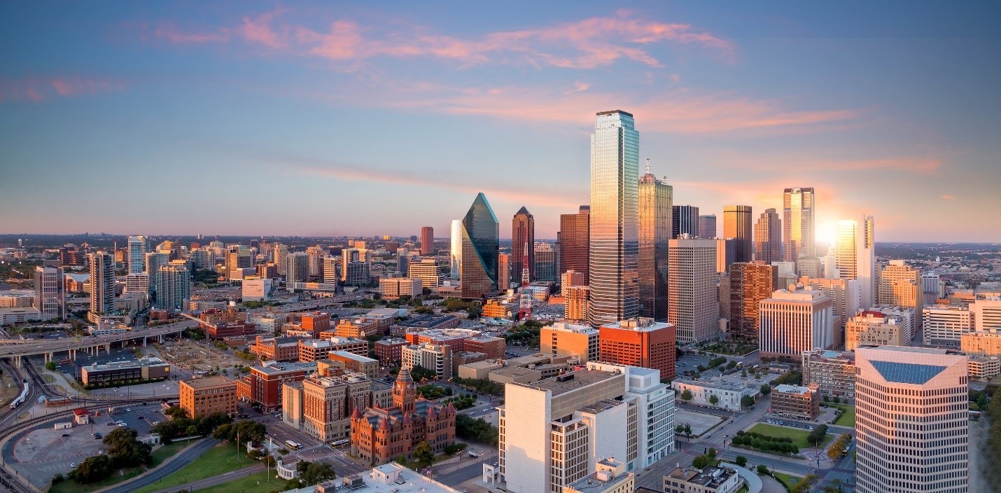 City skyline at sunset in Dallas, Texas